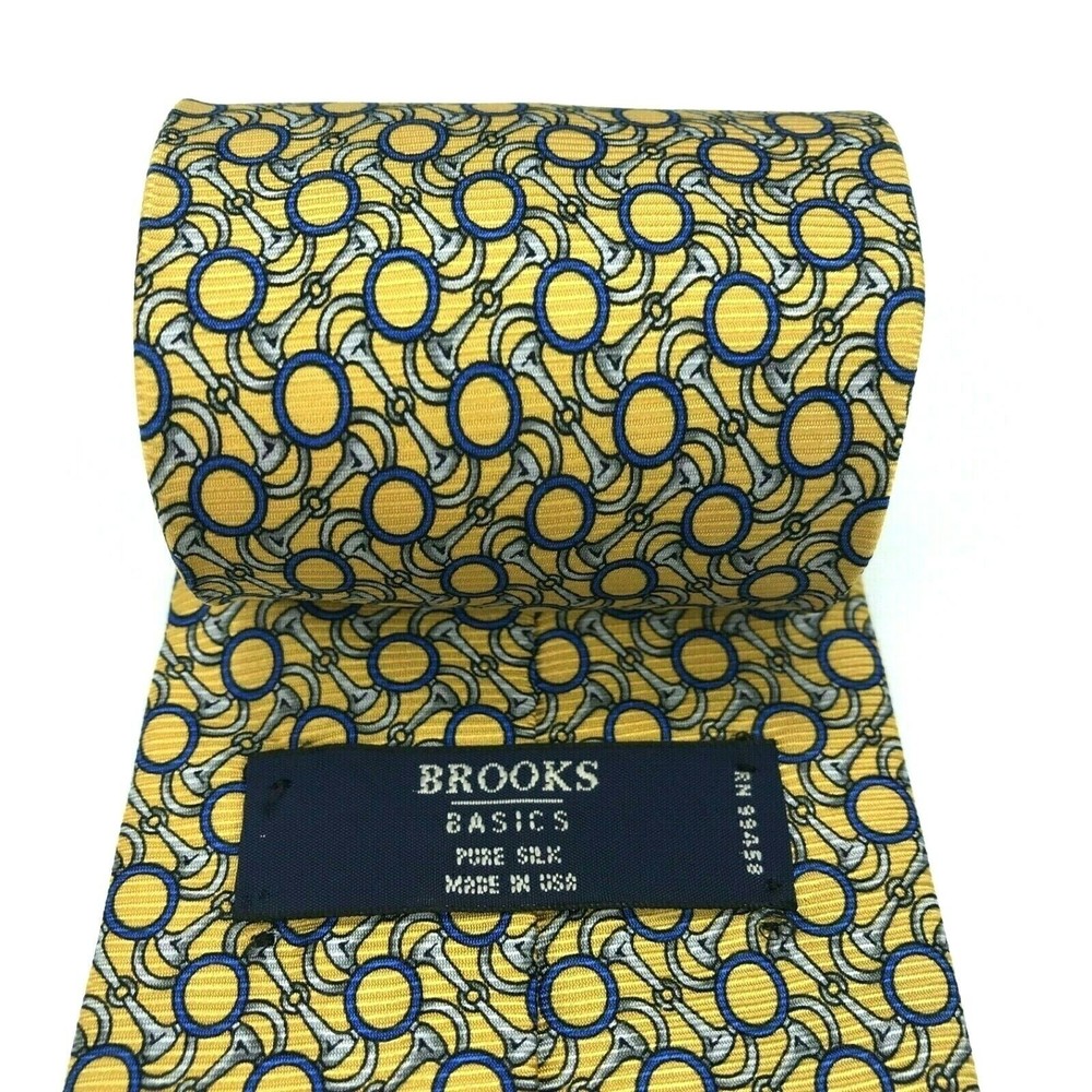 Brooks Basics Pure Silk Yellow Tie Silver Bridle Bits Blue Circles Men's Necktie